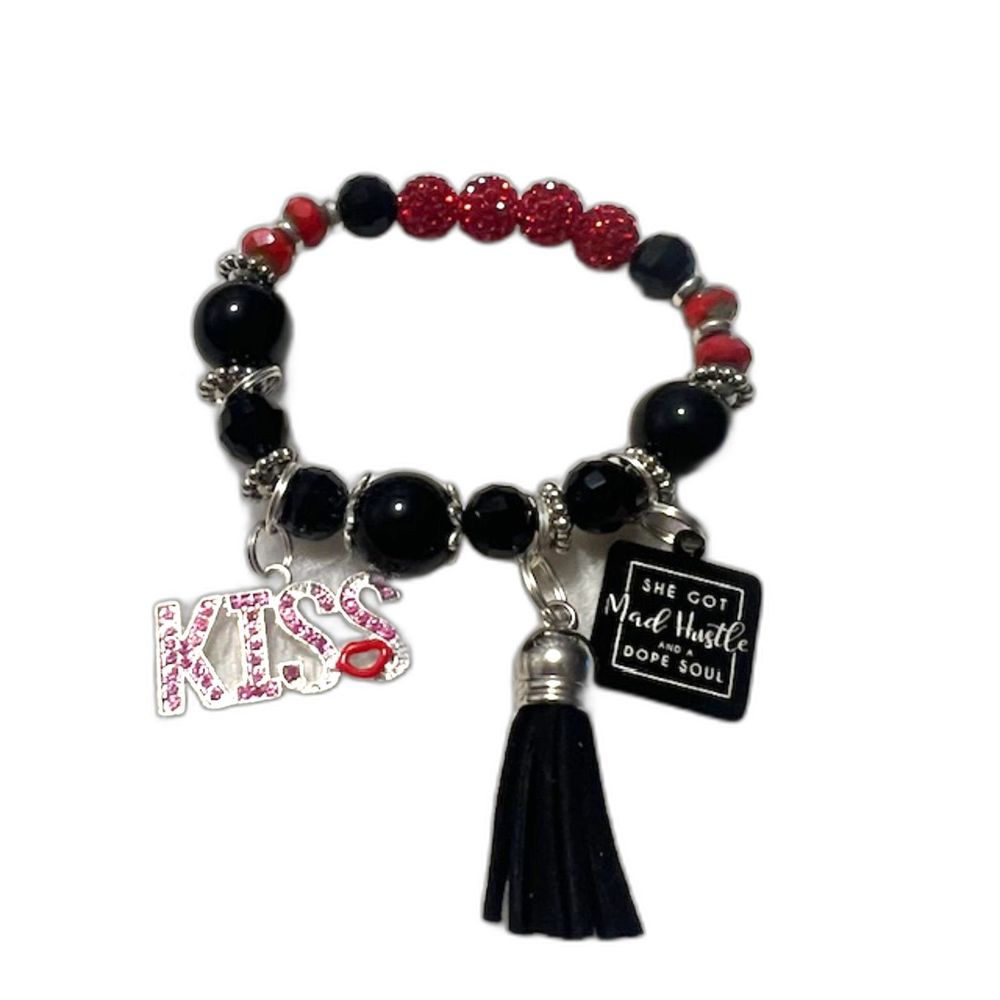 Black Red Beaded Rhinestones Kiss Tasseled Charm Elastic Bracelet